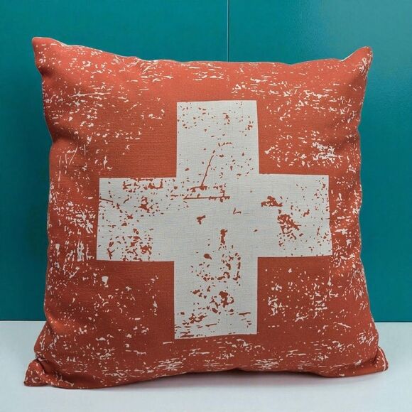 NEW Distressed Print 18x18" Throw Pillow Swiss Cross Flag Ski Patrol Life Guard - Picture 4 of 12